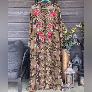Andree by Unit Camo Floral Embroidered Maxi Button Up Dress XL